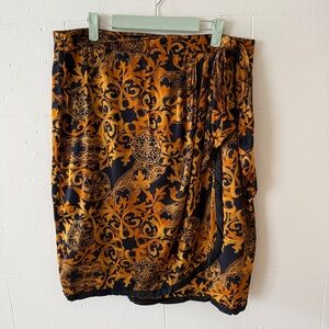 Vintage | Silk Wrap Midi Skirt Baroque Gold Black Scarf Print Draped | Size 14